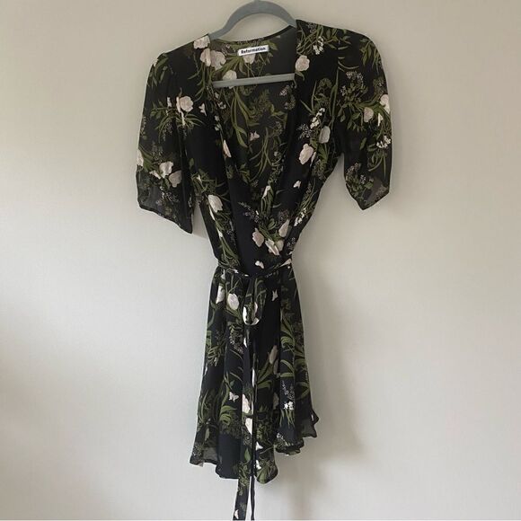Reformation Black Floral Wrap Mini Dress size XS NWOT - Picture 1 of 2